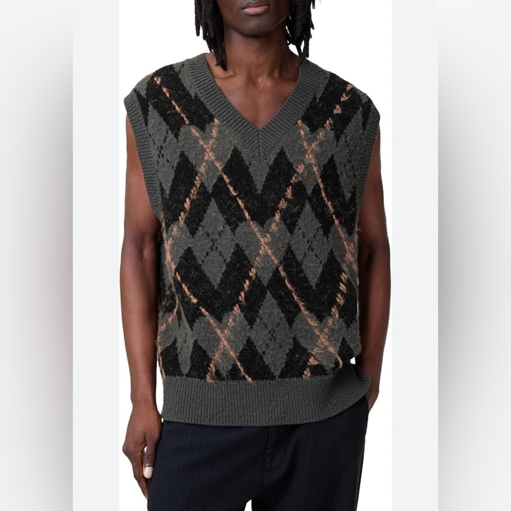 ALL SAINTS Adore Argyle V-Neck Brown Sweater Vest